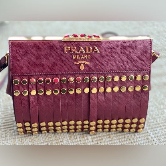 Prada Handbags - Prada Burgendy Saffiano city C Lux leather Studded Idol Should bag